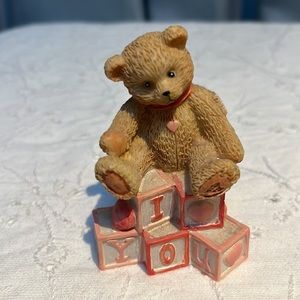 Figurine Teddy Bear Sitting on blocks that spell “I ❤️ You” Ceramic  World Inc.
